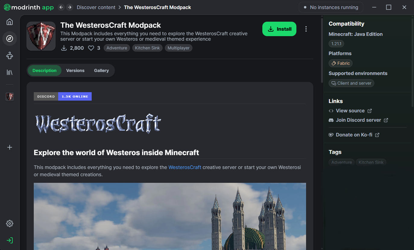 Screenshot of the Modrinth Launcher main view.